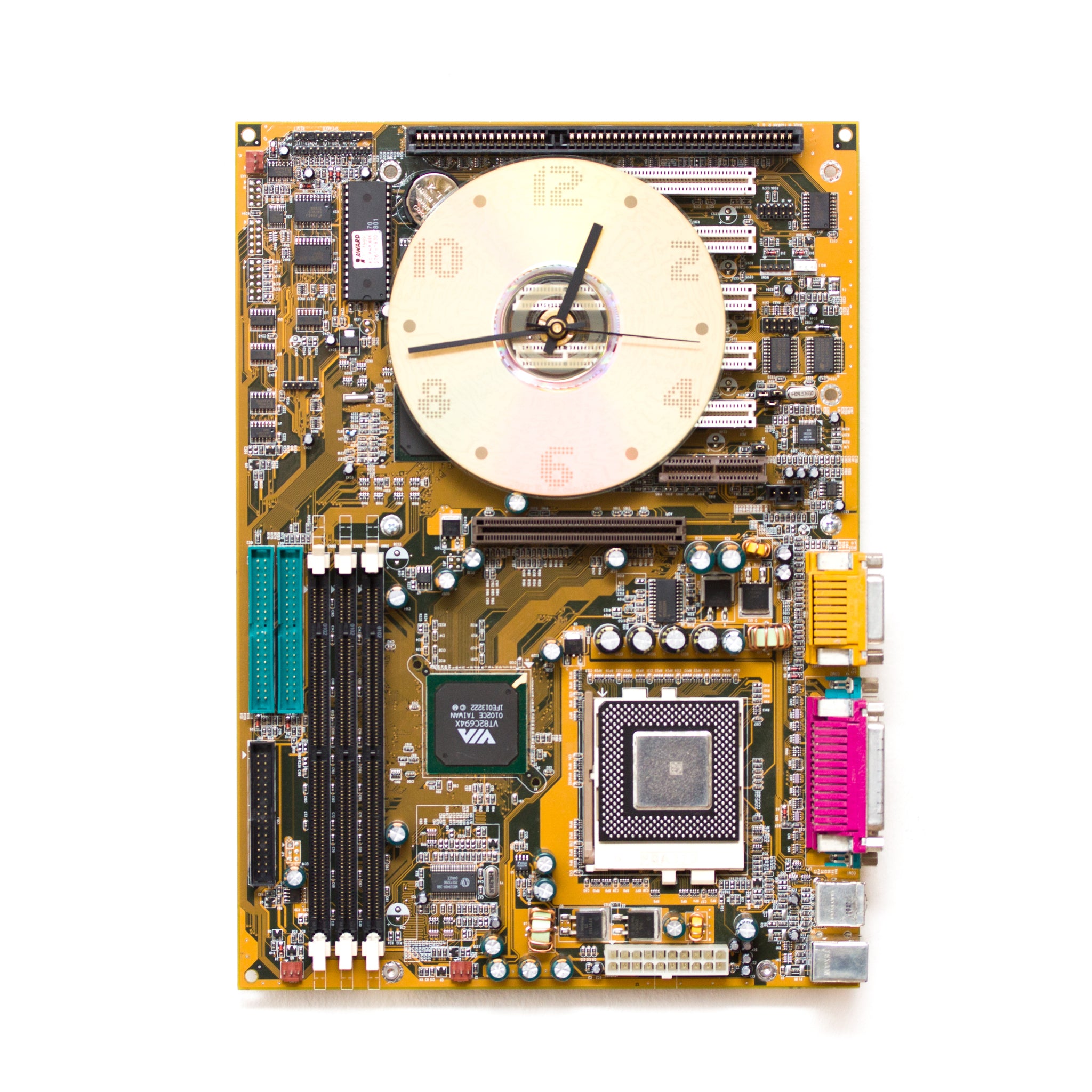 Unique Wall clock - yellow / olive green recycled motherboard - ready to ship