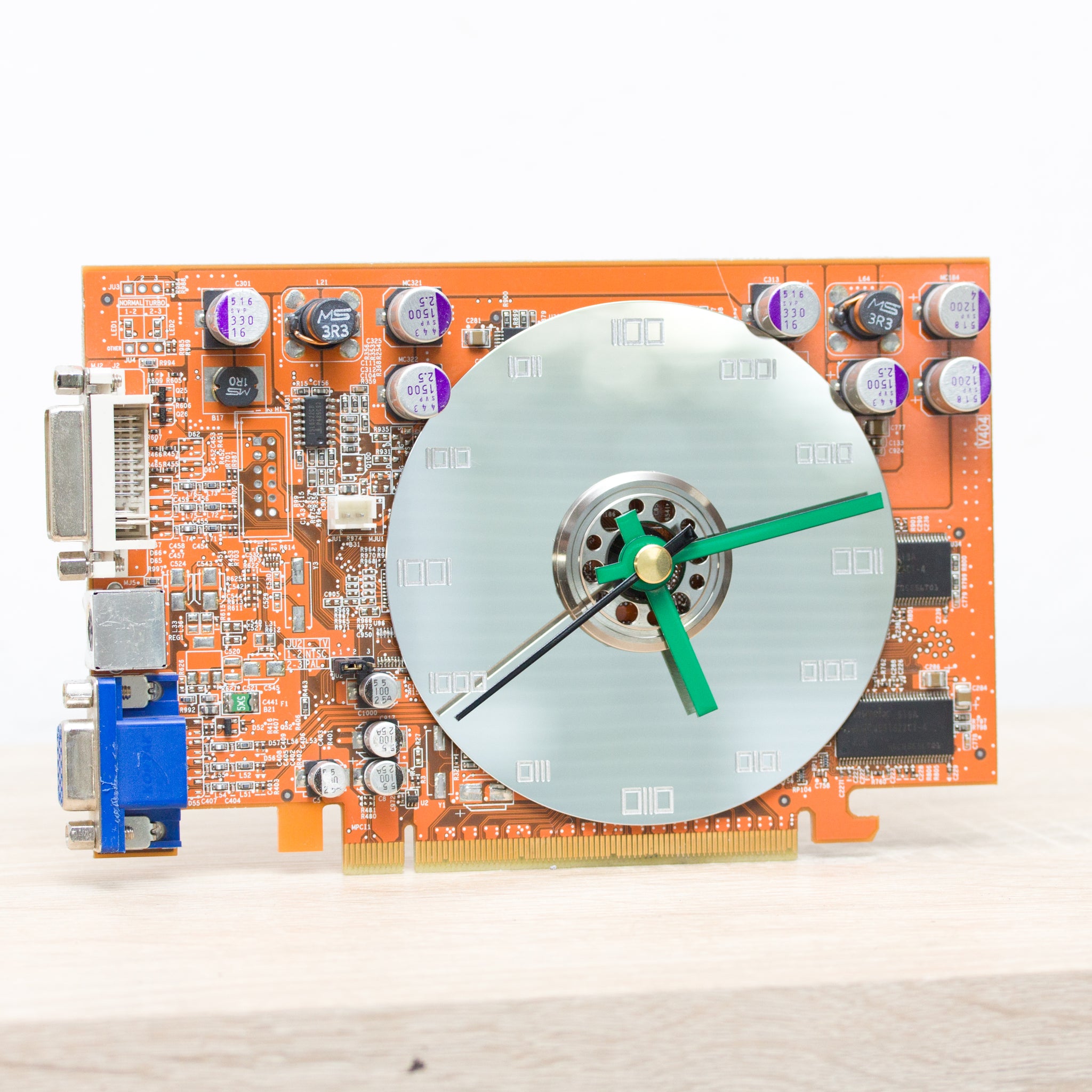 Desk clock for geeky office - Recycled orange graphics card
