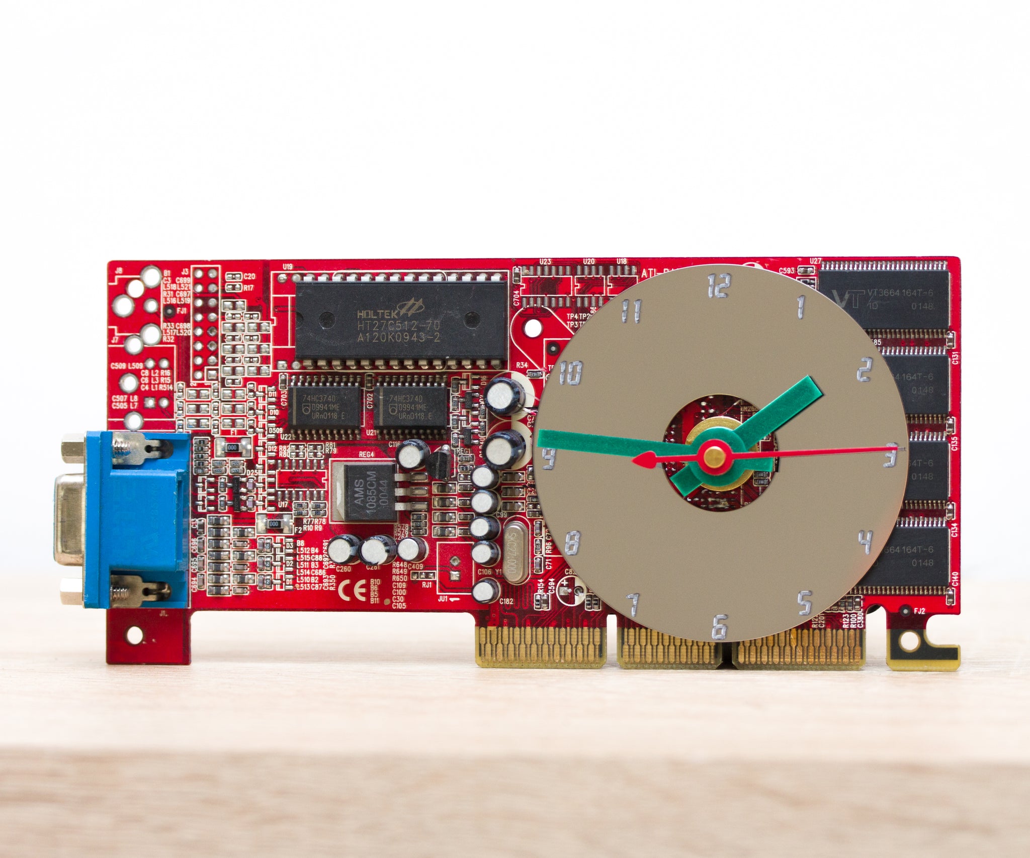 Desk clock - Recycled slim graphics card clock, unique office clock, red circuit board