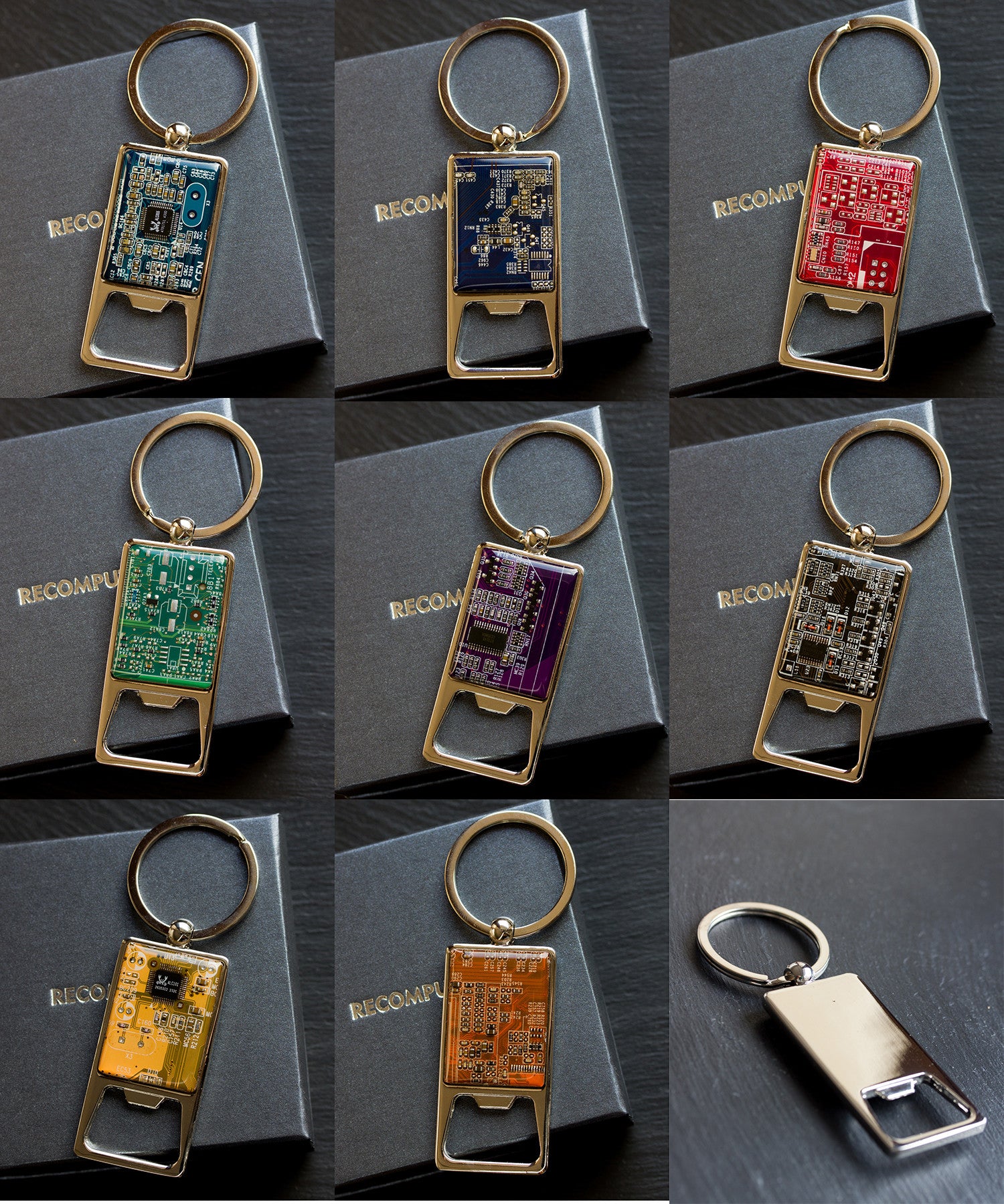 Bottle opener keychain with a circuit board piece