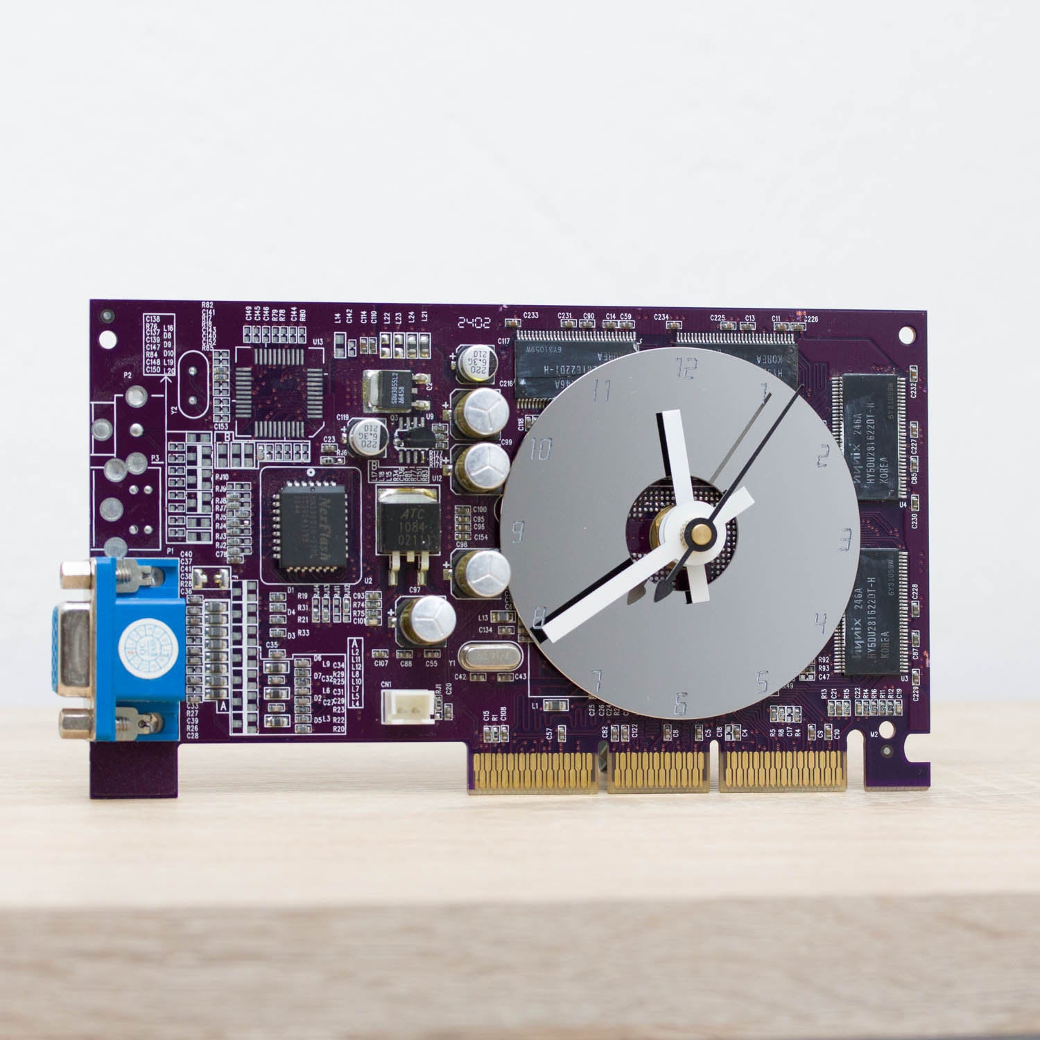 Desk clock - Recycled slim graphics card clock, unique office clock, purple circuit board