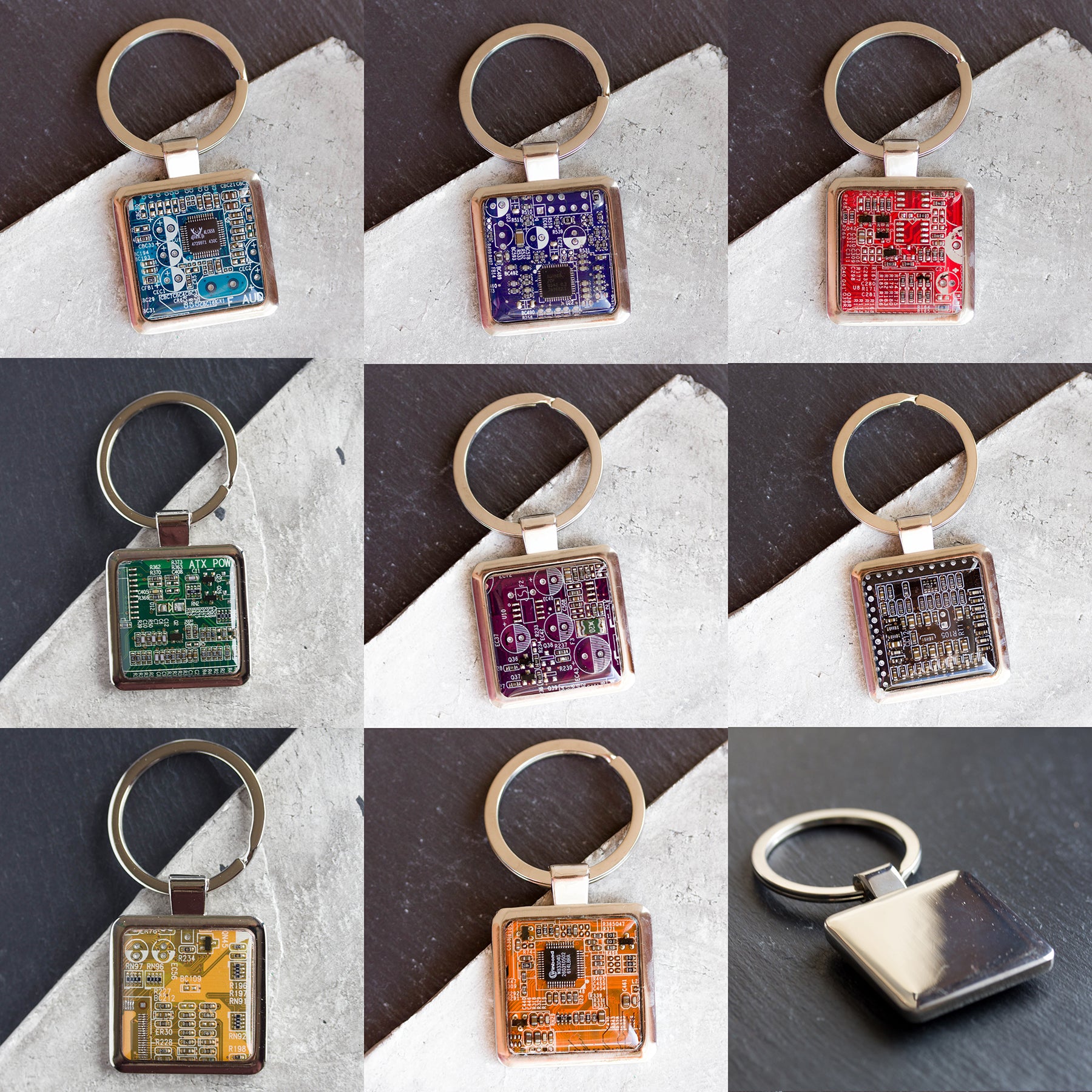 Unique keychain with circuit board piece